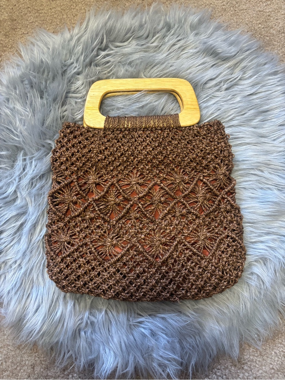 Vintage Macrame Straw Bag with Wood Handles - Made in Guatemala Boho Tote
